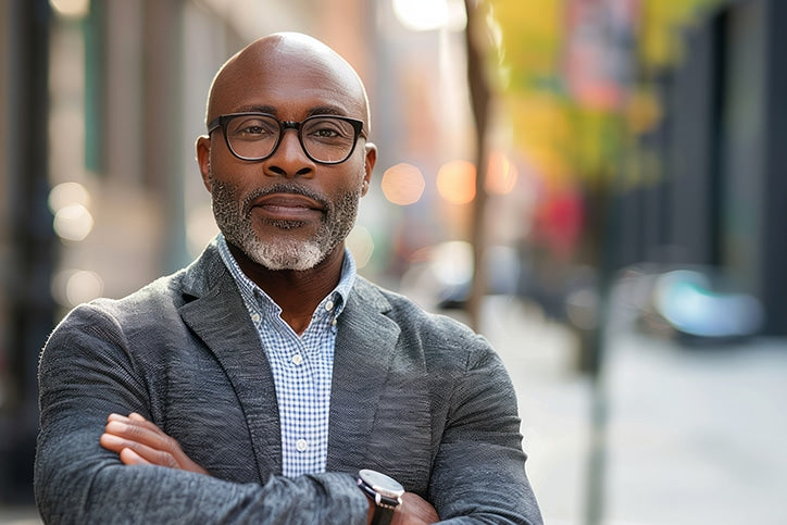 A bald African American man with a graying beard and glasses, wearing a blazer over a checkered shirt, standing with arms crossed on a city street.