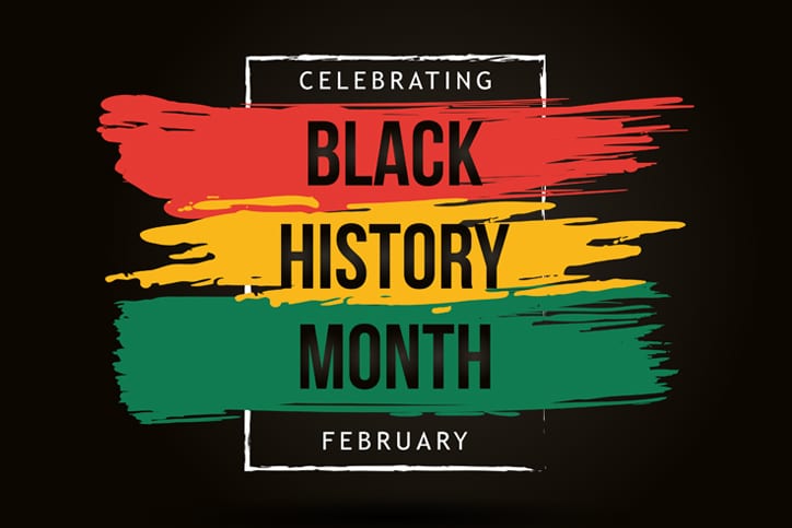 Graphic featuring the text "Celebrating Black History Month February" over red, yellow, and green paint brushstrokes on a dark background