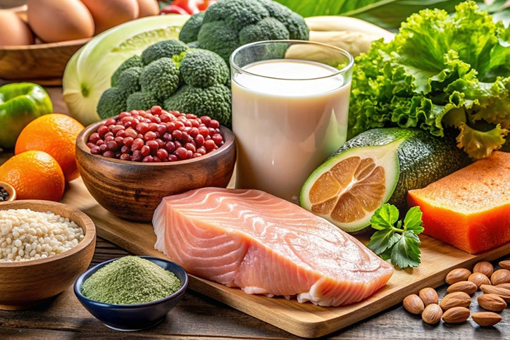 A variety of healthy foods arranged on a wooden table, including a raw salmon fillet, broccoli, a glass of milk, a halved avocado, leafy greens, berries, almonds, and citrus fruits