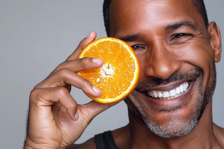 A close-up of a smiling man holding a sliced half of an orange over his right eye against a plain gray background