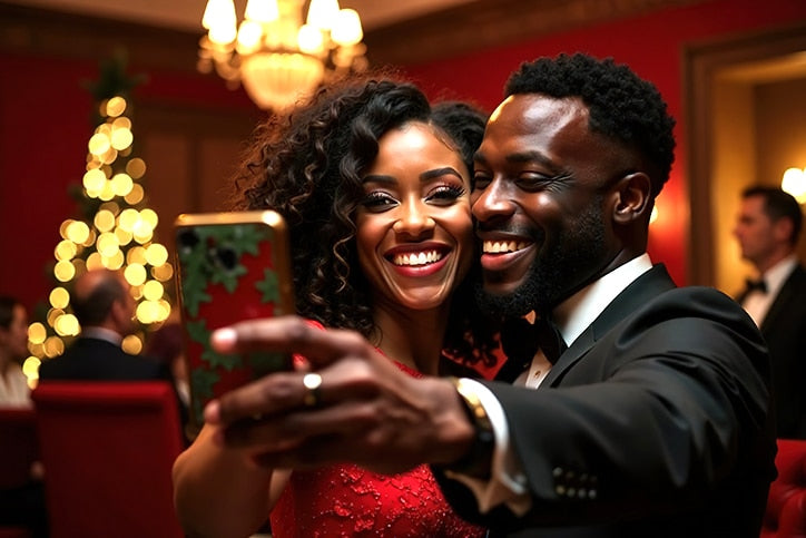 A smiling couple in formal wear taking a selfie at a festive event with a lit holiday tree and red walls in the background