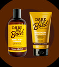 images of Dare 2B Bald cleanser and moisturizing scalp lotion on a dark background