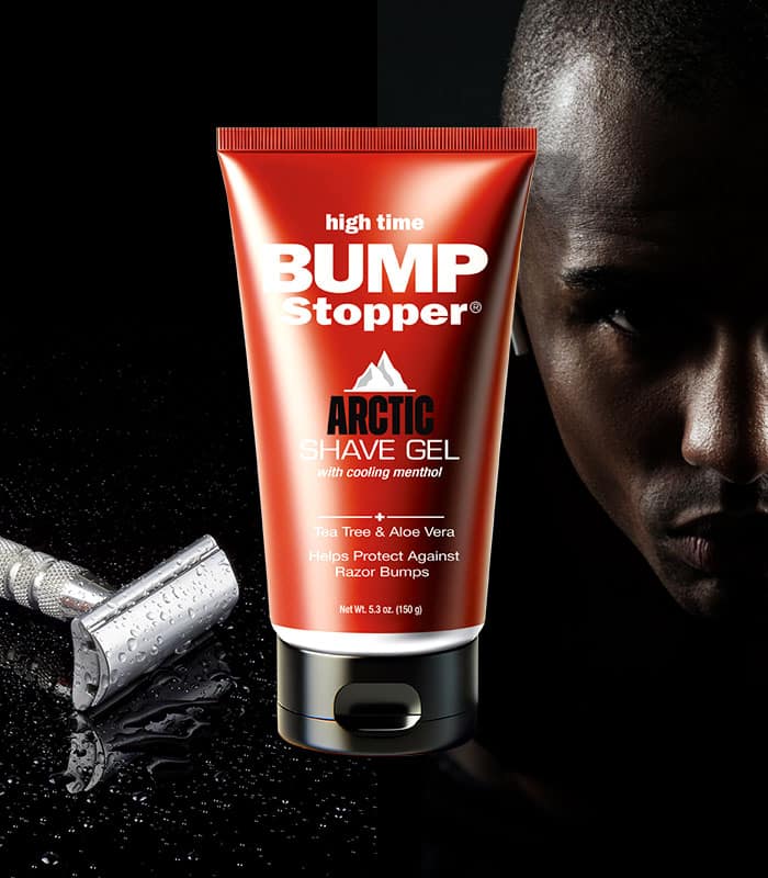 Bump Stopper Arctic Shave Gel image with a man with a shaved face in the background