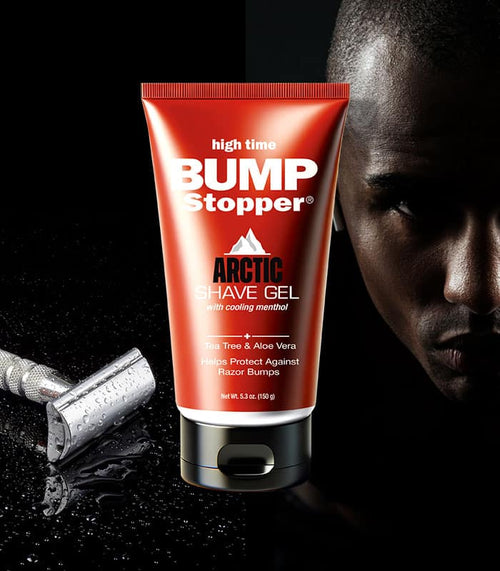 Bump Stopper Arctic Shave Gel image with a man with a shaved face in the background