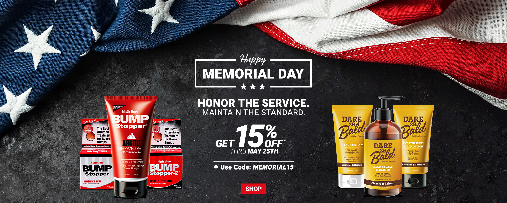 Bump Stopper and Dare 2B Bald Memorial Day Sale - US Flag on a black stone background with products and the offer.